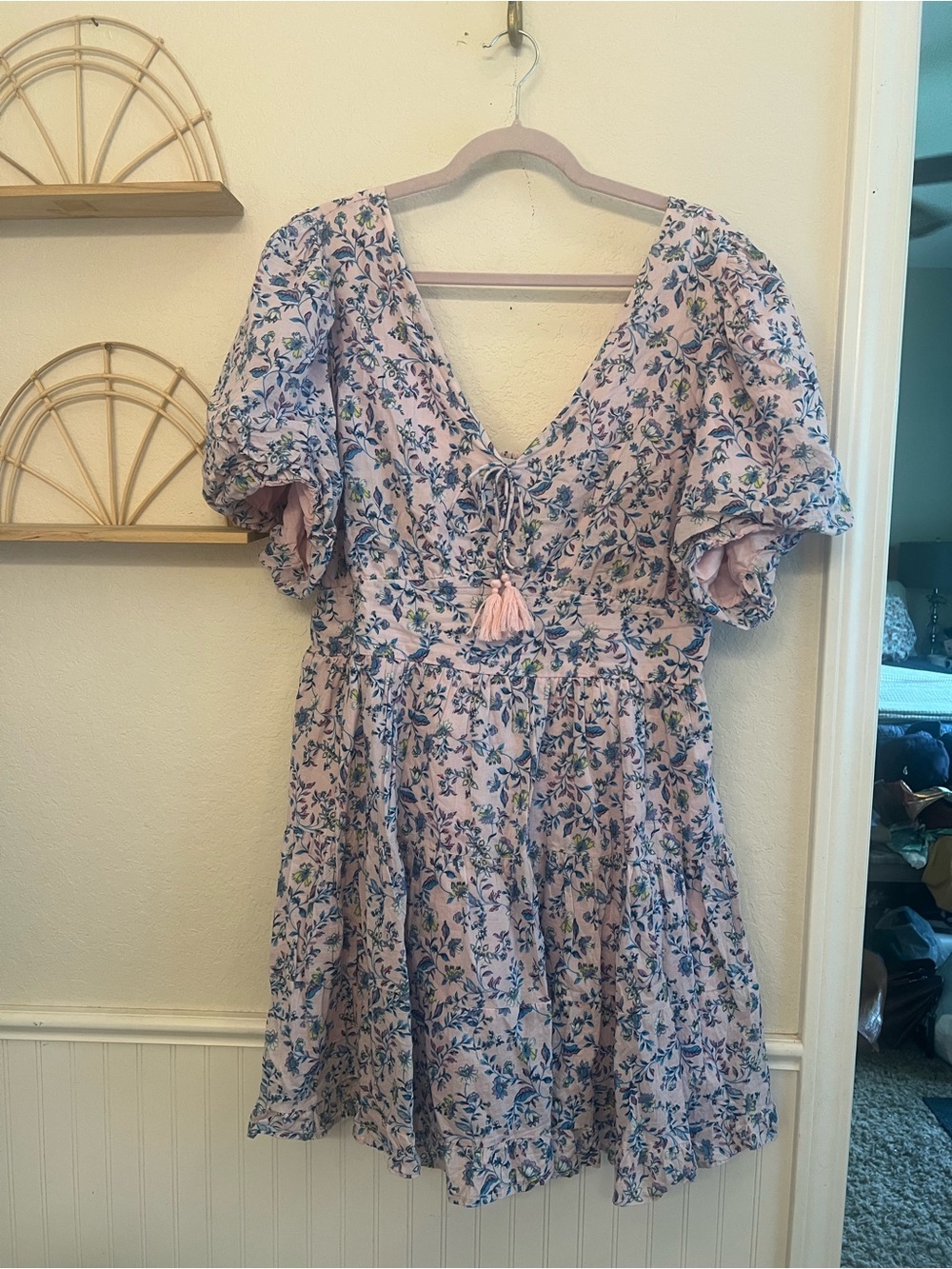 Jessica Simpson Pink Blue Floral Puff Sleeve Babydoll Mini Dress XL